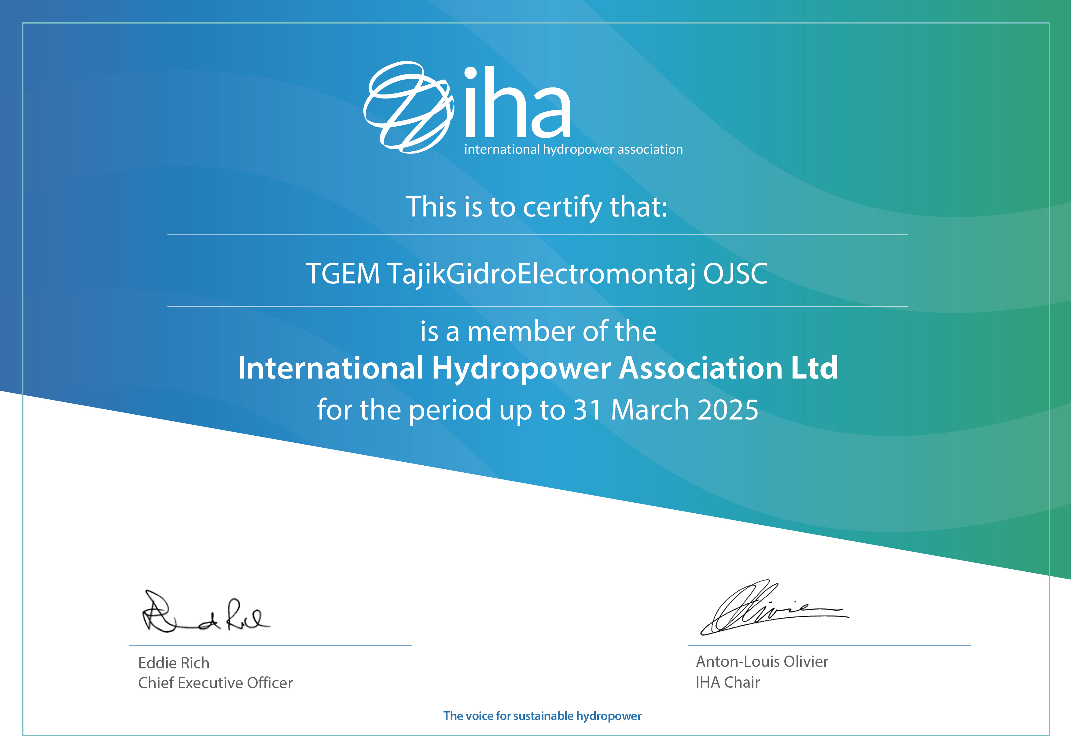 TGEM Becomes a Member of the International Hydropower Association (IHA)